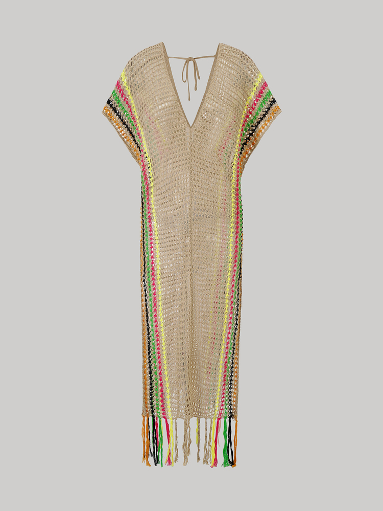 BamGleam Halter Neck Knit See-Through Dress Maxi Women Outfit Holiday Beach Holiday Beige Summer Boho - Camel - View 4