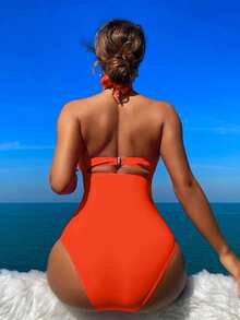 BamGleam Summer Beach Women Halter Solid Color One-Piece Swimsuit For Vacation Outfit - Orange - View 2