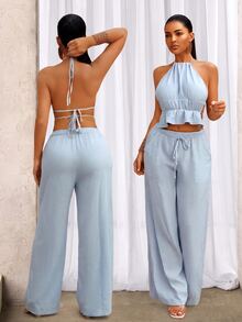 BamGleam 2pcs Women Vacation Solid Color Ruffle Hem Halter Top And Pants Two Pieces Set - Blue - View 2