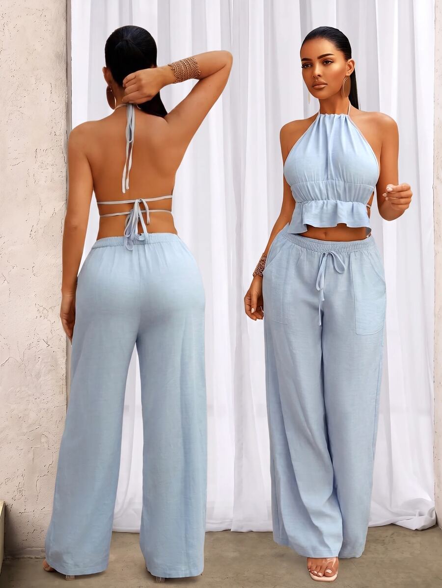 BamGleam 2pcs Women Vacation Solid Color Ruffle Hem Halter Top And Pants Two Pieces Set