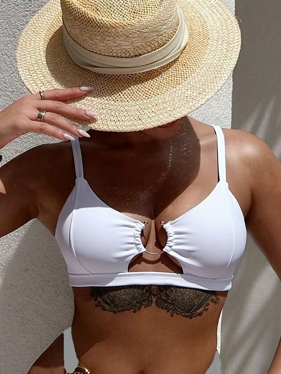SHEIN Swim Basics Vacation Beach Solid Color Hollow Out White Bikini Swimwear Top For Summer - White - View 1