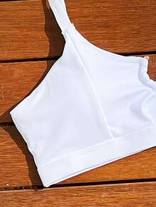 SHEIN Swim Basics Vacation Beach Solid Color Hollow Out White Bikini Swimwear Top For Summer - White - View 3