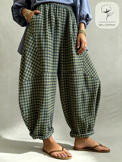 SHEIN Women's New Bohemian Popular Retro Loose Lantern Pants Balloon Pants Cropped Pants, Cotton Textured Bubble Fabric; Elastic Waist Design Fits Various Body Types, Loose Lantern Silhouette Casual And Lazy, Rolled Hem Adds Detail Layers, Suitable For Daily Outings, Casual Looks, Lazy Vacation, A Perfect Item To Create A Bohemian Relaxed Atmosphere,