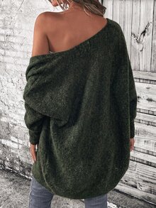 Sprig & Strand Cardigan Wanita Kasual Oversized Lengan Kelelawar Warna Hijau Tua, Rajutan Berbulu, Bagian Depan Terbuka, Cocok untuk Makan Siang, Kantor, dan Musim Gugur. - Hijau - View 2