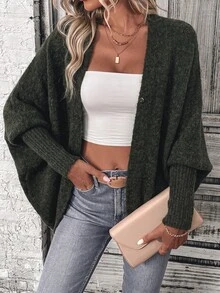 Sprig & Strand Cardigan Wanita Kasual Oversized Lengan Kelelawar Warna Hijau Tua, Rajutan Berbulu, Bagian Depan Terbuka, Cocok untuk Makan Siang, Kantor, dan Musim Gugur. - Hijau - View 4