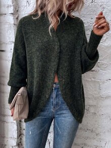 Sprig & Strand Cardigan Wanita Kasual Oversized Lengan Kelelawar Warna Hijau Tua, Rajutan Berbulu, Bagian Depan Terbuka, Cocok untuk Makan Siang, Kantor, dan Musim Gugur. - Hijau - View 7