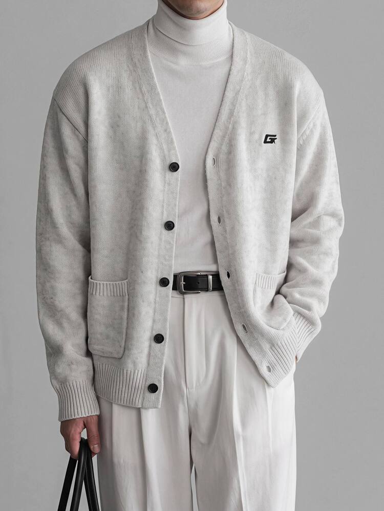 Manfinity RebelGame Suéter de cárdigan bordado de moda para hombres - Gris Claro - Añade 6