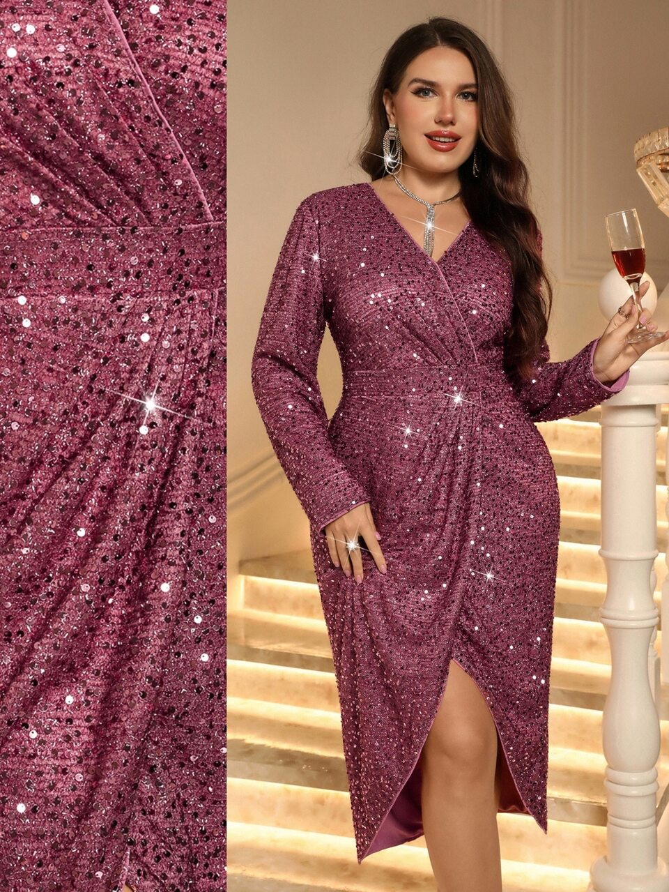 Plus Size Women's Elegant Autumn/Winter Party Cocktail Evening Dark Purple Shiny Pleated Waist-Cinching Sexy Dress,Luxury Wedding Guest Dress