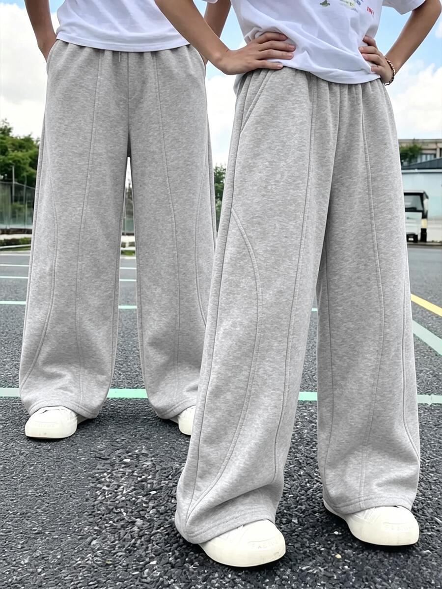 SHEIN 兒童青少年男孩休閒街頭風運動灰色直筒運動長褲,Y2K下身穿搭,適合秋冬、學校、家庭聚會、度假、派對,秋季穿搭,冬季穿搭 - 灰色 - 查看 1