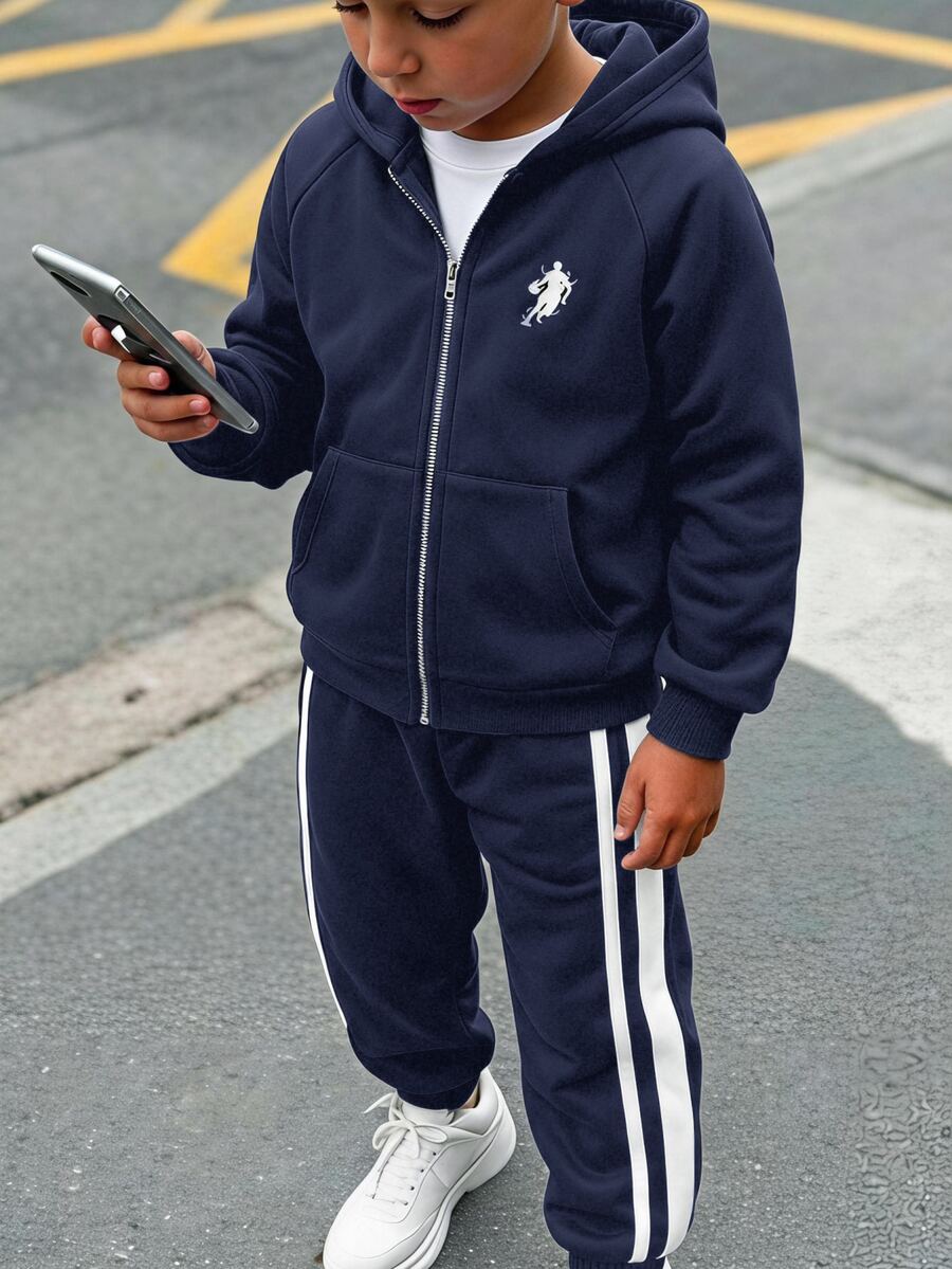 SHEIN 兒童青少年男孩休閒運動寬鬆版型戶外全開襟連帽長袖運動外套與慢跑長褲2件套，適合秋冬休閒運動風 - 藏蓝色 - 查看 1
