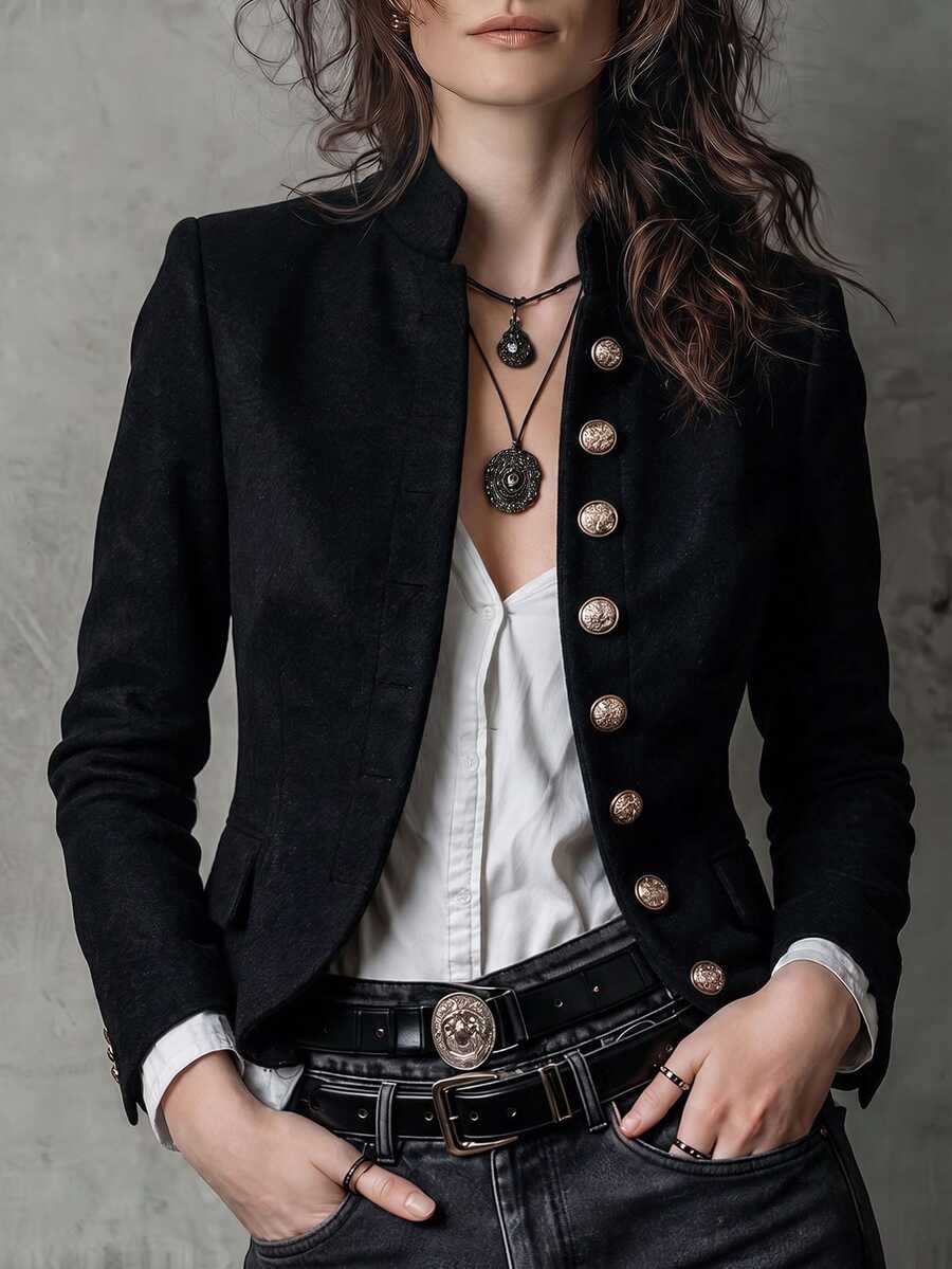 LUMIGAL Women's Solid Color Stand Collar Single-Breasted Long Sleeve Wool Blend Jacket, Autumn/Winter - Black - View 1