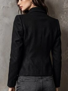 LUMIGAL Women's Solid Color Stand Collar Single-Breasted Long Sleeve Wool Blend Jacket, Autumn/Winter - Black - View 2