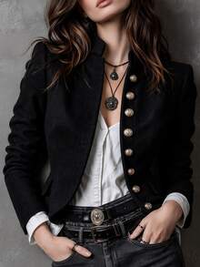 LUMIGAL Women's Solid Color Stand Collar Single-Breasted Long Sleeve Wool Blend Jacket, Autumn/Winter - Black - View 3