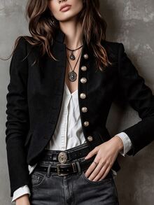 LUMIGAL Women's Solid Color Stand Collar Single-Breasted Long Sleeve Wool Blend Jacket, Autumn/Winter - Black - View 4