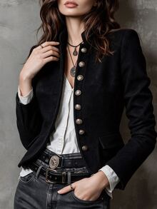 LUMIGAL Women's Solid Color Stand Collar Single-Breasted Long Sleeve Wool Blend Jacket, Autumn/Winter - Black - View 5