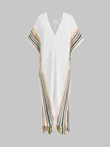 BamGleam Halter Neck Knit See-Through Dress Maxi Women Outfit - White - View 4
