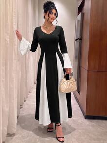 Modelyn Patchwork Knit Long Dress For Women - Black and White - View 6