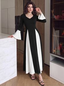 Modelyn Patchwork Knit Long Dress For Women - Black and White - View 1