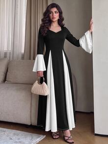 Modelyn Patchwork Knit Long Dress For Women - Black and White - View 5