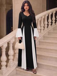 Modelyn Patchwork Knit Long Dress For Women - Black and White - View 4