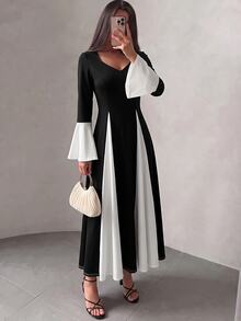Modelyn Patchwork Knit Long Dress For Women - Black and White - View 3