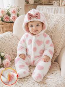 Vintaside Kids Newborn Baby Heart Print Fleece Jumpsuit Long Sleeve Hoodie Footed Pajamas Autumn Winter Bow Pants Soft Cozy Cute Loungewear Family Matching White - Baby Pink - View 4