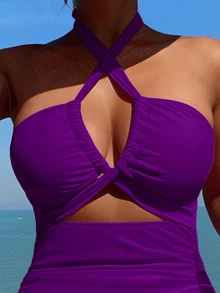 SHEIN Swim 女士纯色露背系带简约休闲连体泳衣夏季 - 紫色 - 查看 4