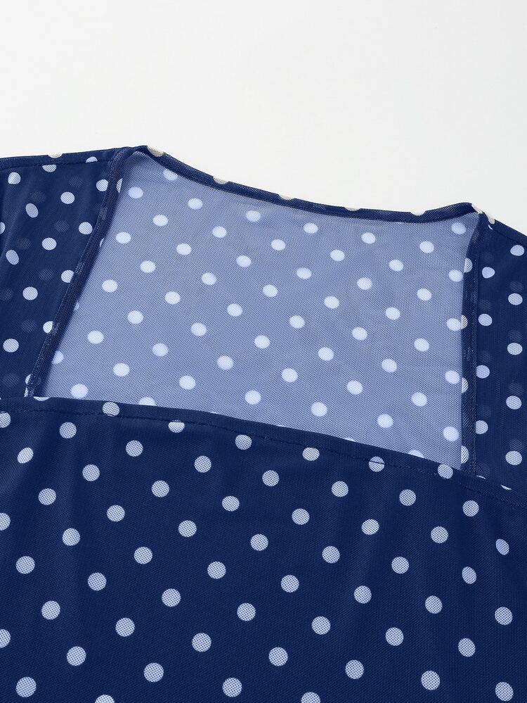 SHEIN Women's Polka Dot Square Neck Top And Skirt Set - Navy Blue and White - View 5