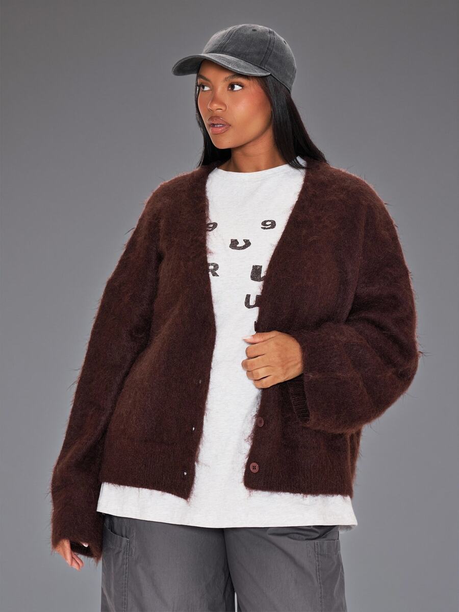 MUSERA Brown Knitted Long Sleeve Cardigan Winter Autumn Everyday Casual Going Out Weekdaze - Brown - View 1