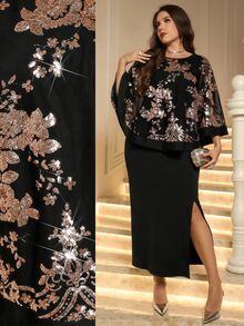 Miaspire 2pcs Plus Size Women's Autumn/Winter Elegant Party Sexy Floral Sequin Cape Top And Fitted Tank Dress Black 2 Pieces Set With Side Slit,Wedding Guest - Multicolor - View 1