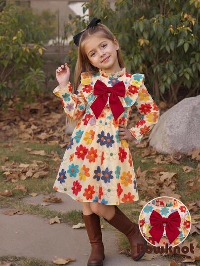 SHEIN Tween Tween Girl Girls Colorblock Bowknot Multi-Color Long Sleeve Dress Autumn/Winter