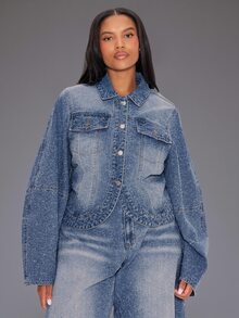 MUSERA Blue Denim Balloon Sleeve Jacket Winter Autumn Everyday Casual Loose Fit Going Out Formal Evening Weekdaze - Blue - View 1