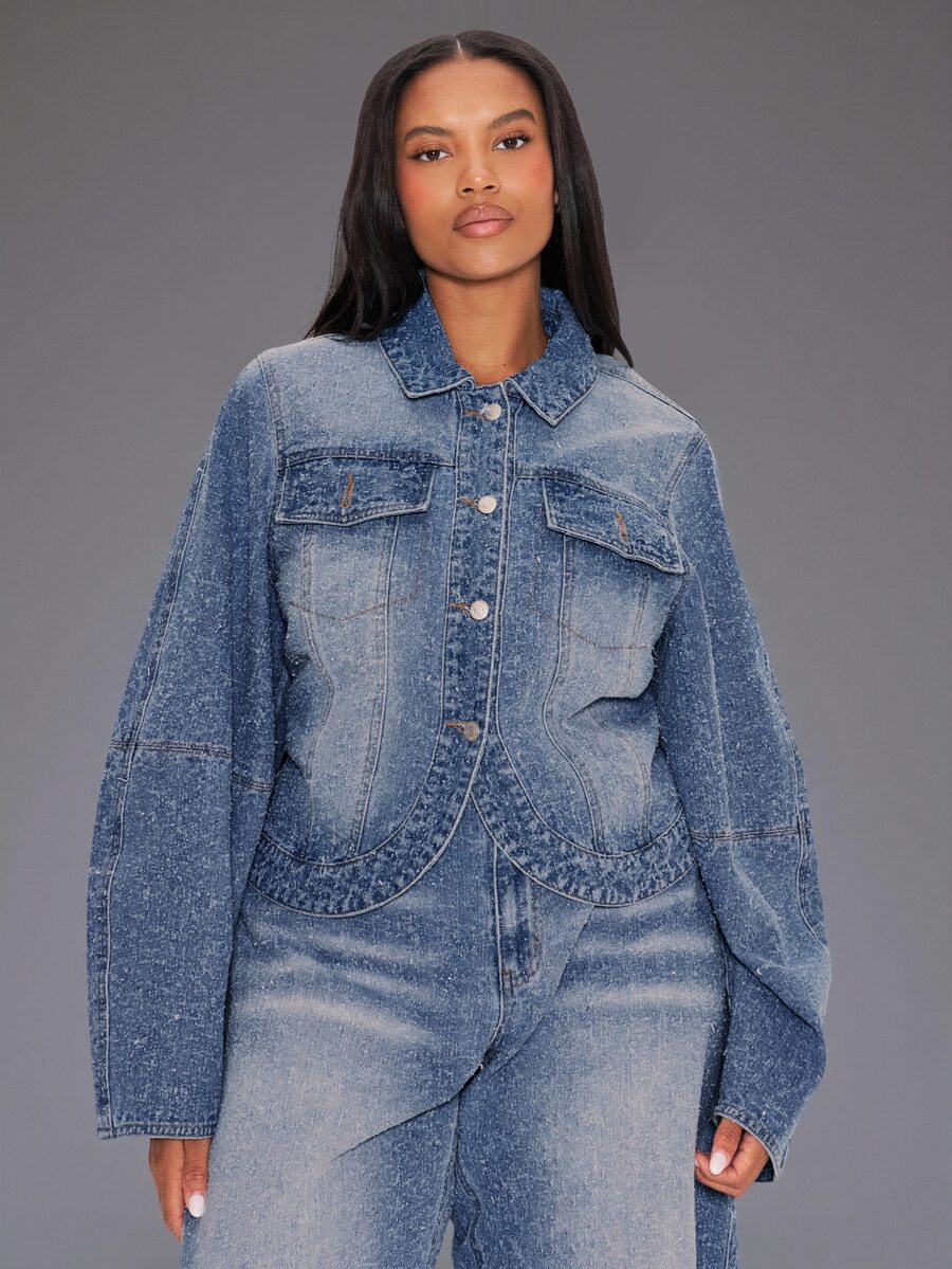 MUSERA Blue Denim Balloon Sleeve Jacket Winter Autumn Everyday Casual Loose Fit Going Out Formal Evening Weekdaze - Blue - View 1