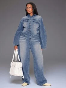 MUSERA Blue Denim Balloon Sleeve Jacket Winter Autumn Everyday Casual Loose Fit Going Out Formal Evening Weekdaze - Blue - View 2