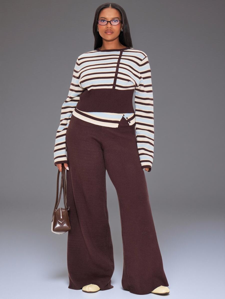 MUSERA Multicolour Stripe Fold Over Waist Band Trousers Winter Everyday Casual Going Out Weekdaze - Multicolor - View 1