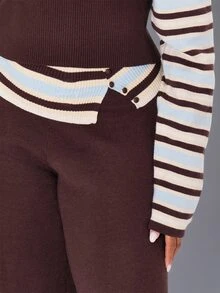 MUSERA Multicolour Stripe Fold Over Waist Band Trousers Winter Everyday Casual Going Out Weekdaze - Multicolor - View 5