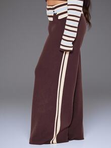 MUSERA Multicolour Stripe Fold Over Waist Band Trousers Winter Everyday Casual Going Out Weekdaze - Multicolor - View 3