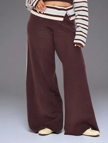 MUSERA Multicolour Stripe Fold Over Waist Band Trousers Winter Everyday Casual Going Out Weekdaze - Multicolor - View 2