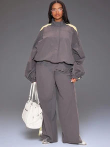MUSERA Grey Shell Stripe Straight Leg Trousers Winter Autumn Everyday Casual Going Out Weekdaze - Multicolor - View 1