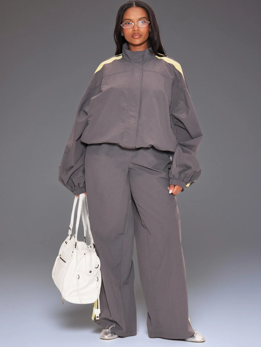 MUSERA Grey Shell Stripe Straight Leg Trousers Winter Autumn Everyday Casual Going Out Weekdaze - Multicolor - View 1