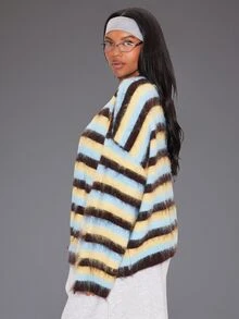 MUSERA Multicolour Knitted Stripe Cardigan Winter Autumn Everyday Casual Going Out Weekdaze - Multicolor - View 3