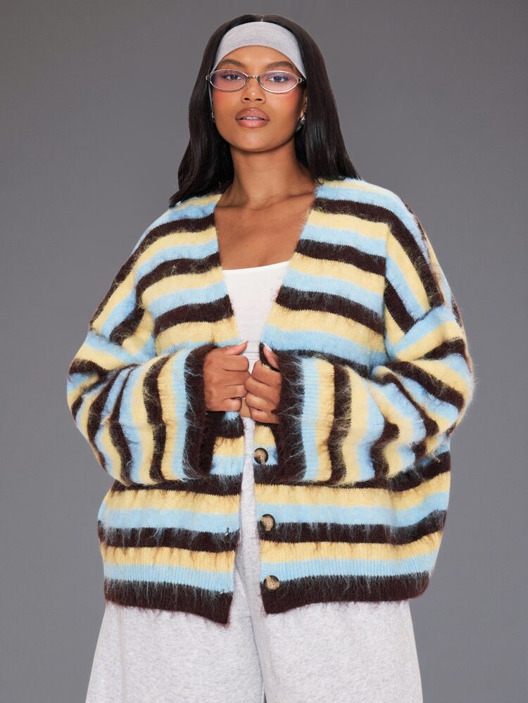 MUSERA Multicolour Knitted Stripe Cardigan Winter Autumn Everyday Casual Going Out Weekdaze - Multicolor - View 1