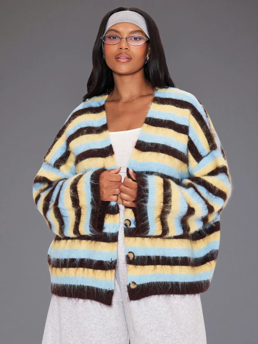 MUSERA Multicolour Knitted Stripe Cardigan Winter Autumn Everyday Casual Going Out Weekdaze - Multicolor - View 1