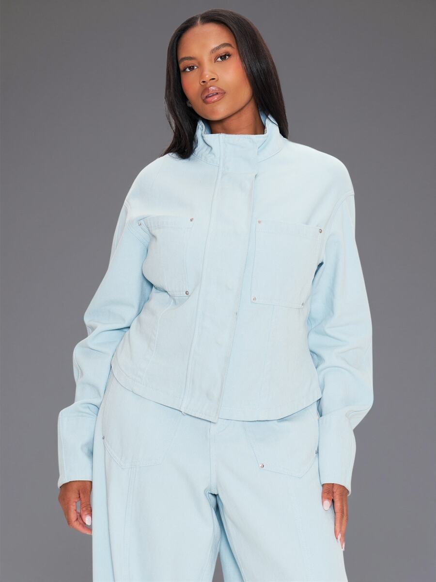 MUSERA Blue Denim Funnel Neck Jacket Winter Autumn Everyday Casual Going Out Weekdaze - Blue - View 1