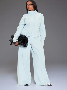 MUSERA Blue Denim Funnel Neck Jacket Winter Autumn Everyday Casual Going Out Weekdaze - Blue - View 4