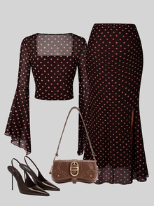 SHEIN Women's Polka Dot Print Bell Sleeve Top And Mermaid Skirt 2 Pieces Set - Black and Burgundy - View 2