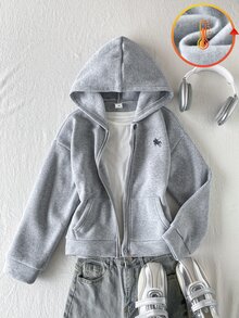 SHEIN Sparklyn جاكيت بقلنسوة وسحاب للفتيات في الخريف/الشتاء - أسلوب الشارع المختلط والمطابق، قماش محبوك مقاوم للبرد مناسب للخريف/الشتاء، قصة فضفاضة قليلاً مع مساحة للنمو، مثالي للحرم الجامعي وملابس الشارع، تحول فوري إلى فتاة نابضة بالحيوية! - رمادي - مشاهدة 5