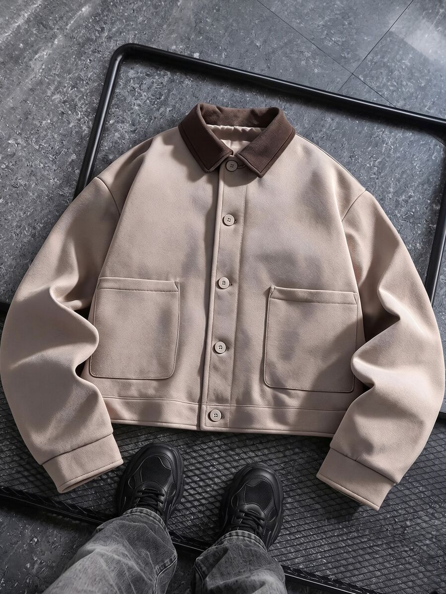 AXEPEAK Men's Minimalist Casual Turn Collar Long Button Sleeve Jacket, Autumn,Plain, Urban, Work - Khaki - View 1