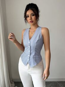 Elenzga 女士通勤简约条纹单排扣 V 领背心 - 藍色 - 查看 4