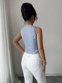 Elenzga 女士通勤简约条纹单排扣 V 领背心 - 藍色 - 查看 2